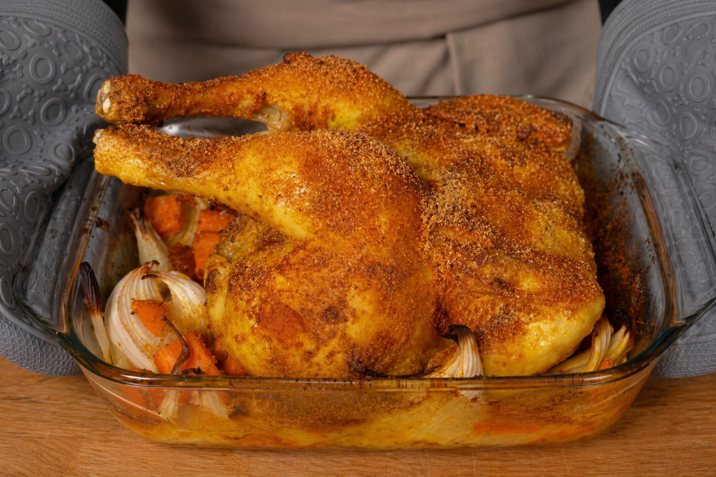 Whole Roasted Chicken with Creamy Mushroom Spinach Spaghetti