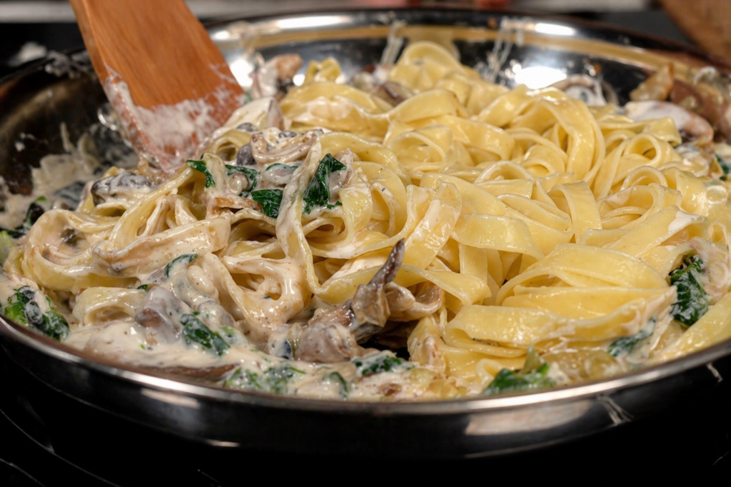 Whole Roasted Chicken with Creamy Mushroom Spinach Spaghetti